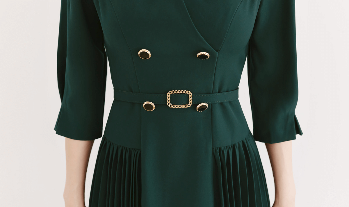 Elegant Double Buttoned Belted Dress with Side Pleats
