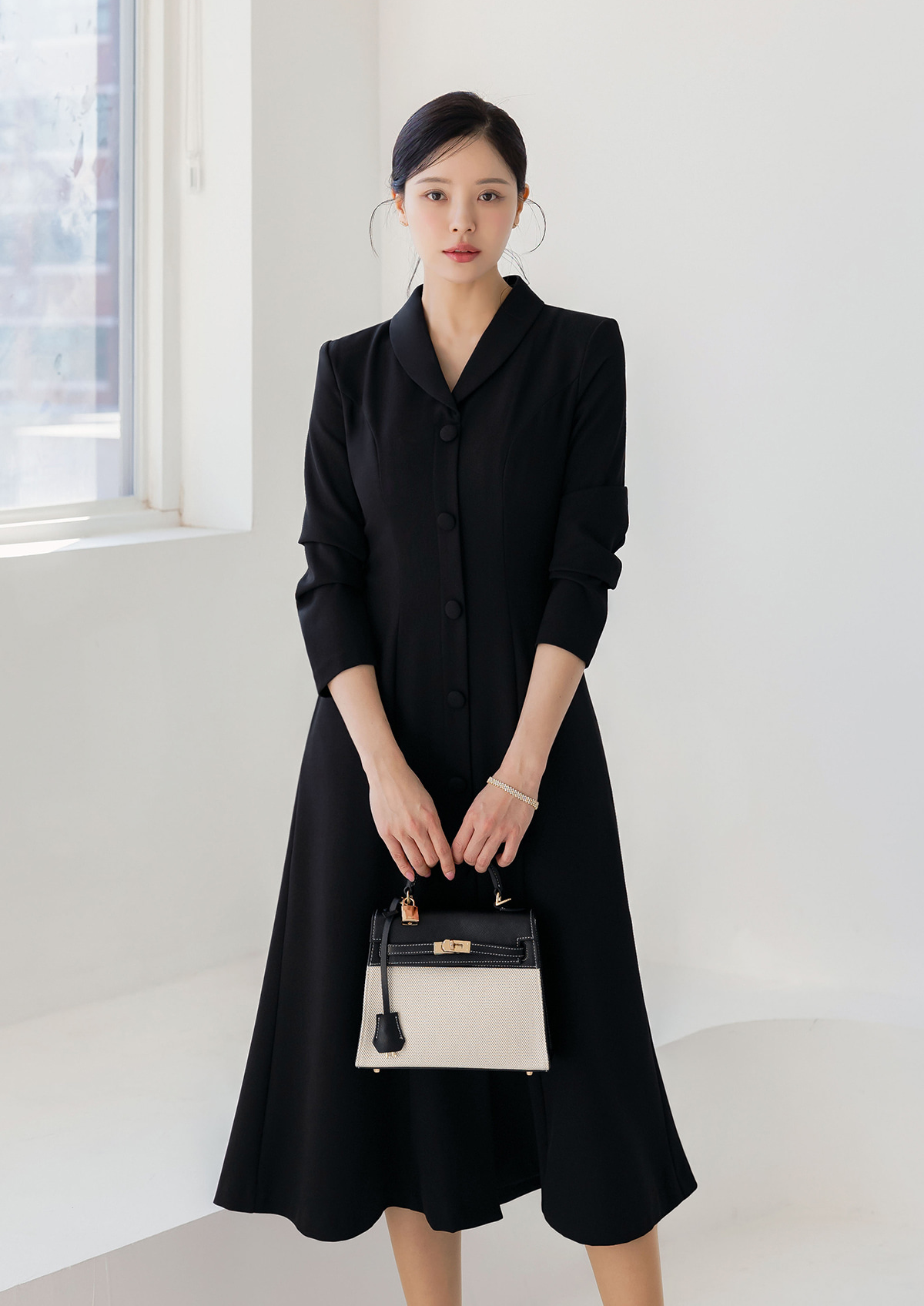 Shawl Collar Flare Midi Dress with Waist Belt – Elegant Dress for Special Occasions