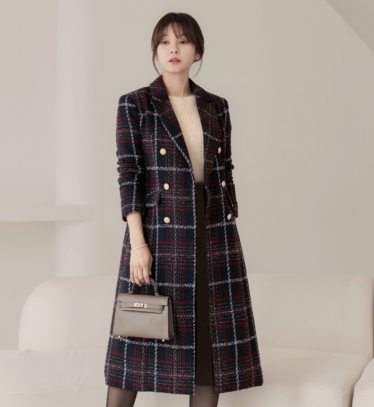 Elegant Tweed Check Coat for Women