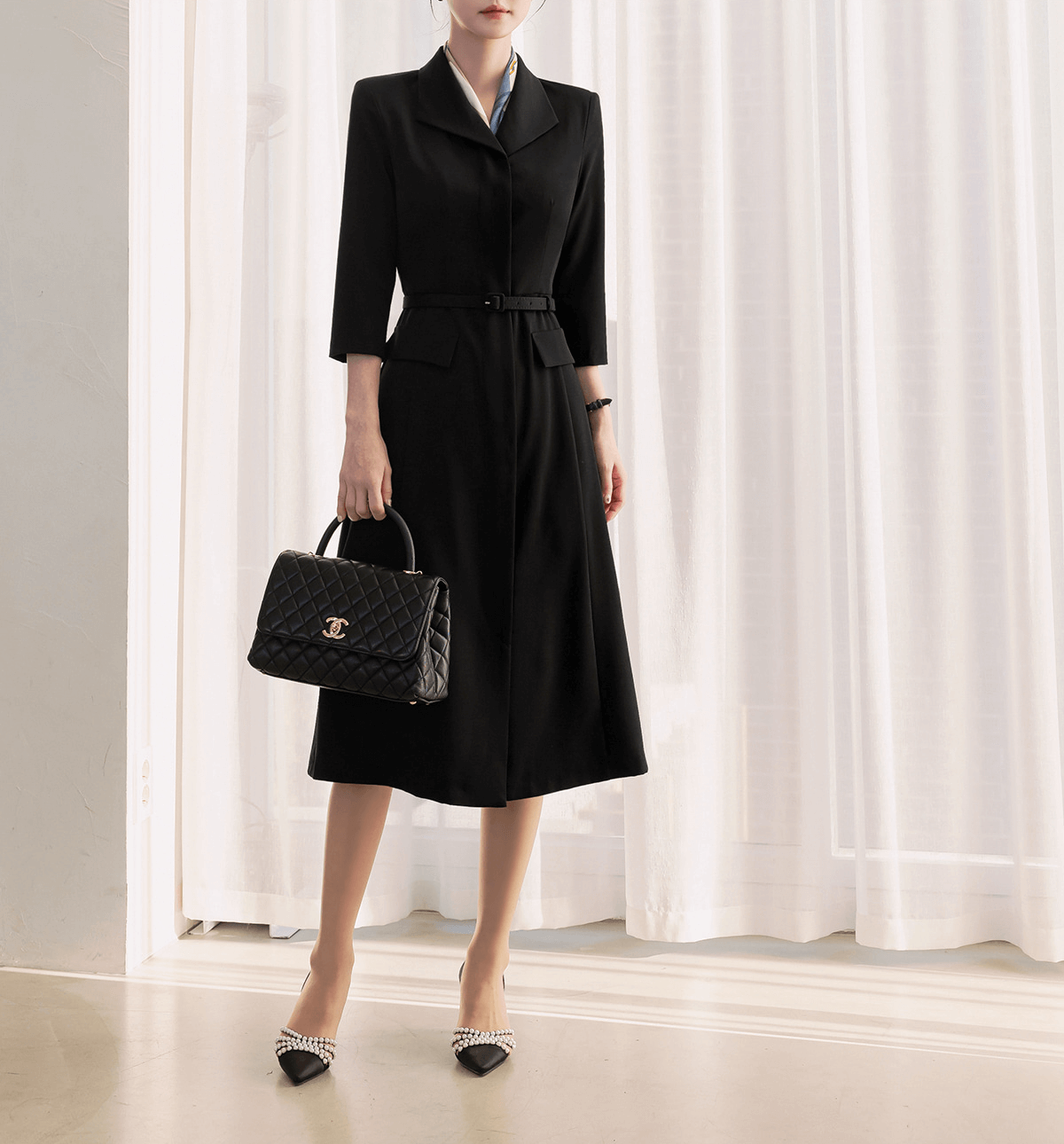 Flap-Pocket Belted Dress with Modern Sophistication