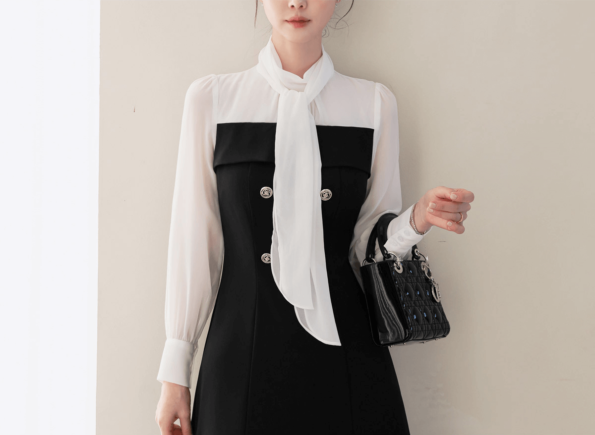 Elegant Layered Look with a Feminine Touch Chiffon Tie-Neck Flare Dress
