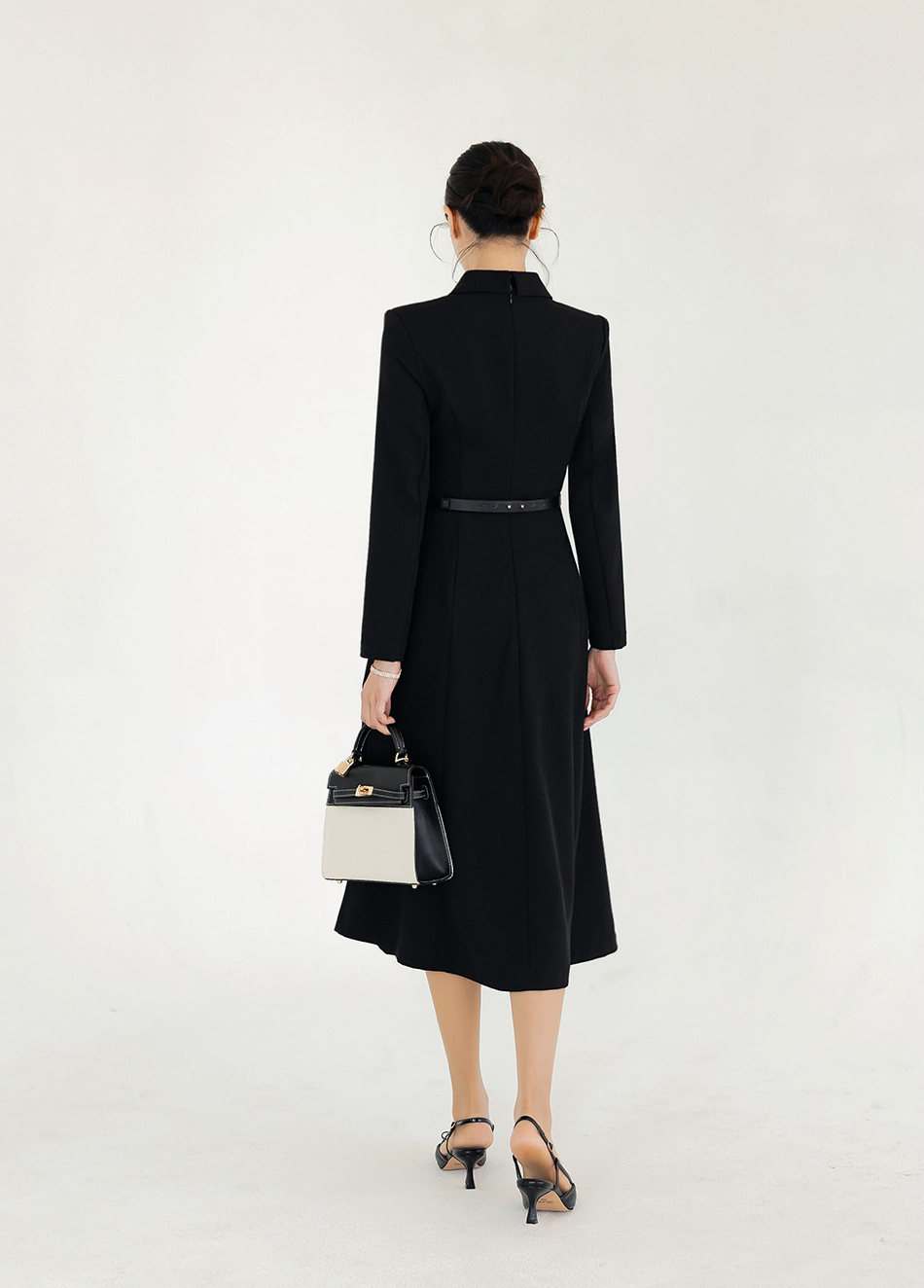Shawl Collar Flare Midi Dress with Waist Belt – Elegant Dress for Special Occasions