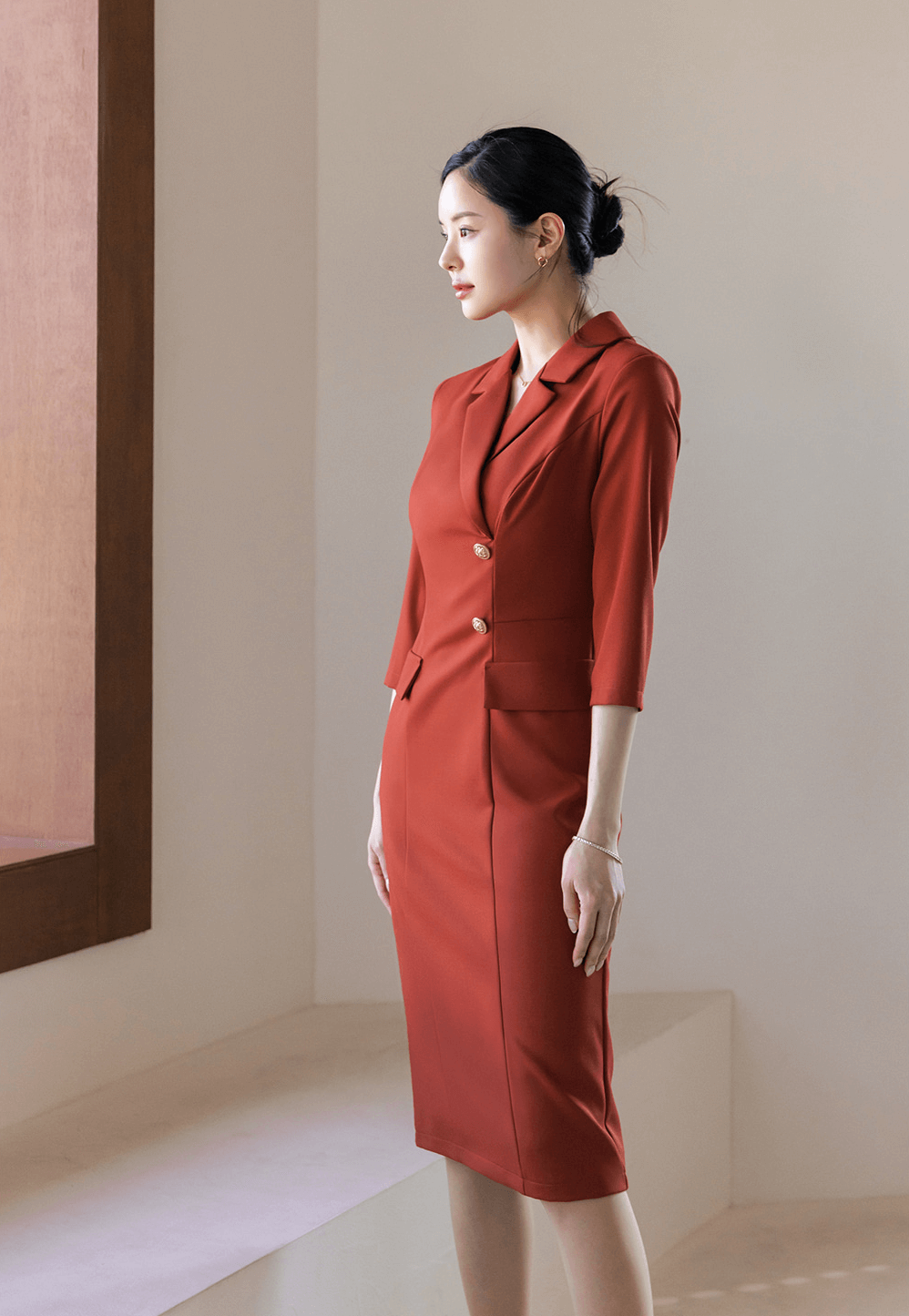 Elegant High-Waist Dress with Gold Button Accents