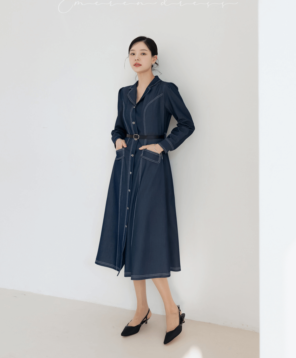 Chic Contrast-Stitch Denim Shirt Dress