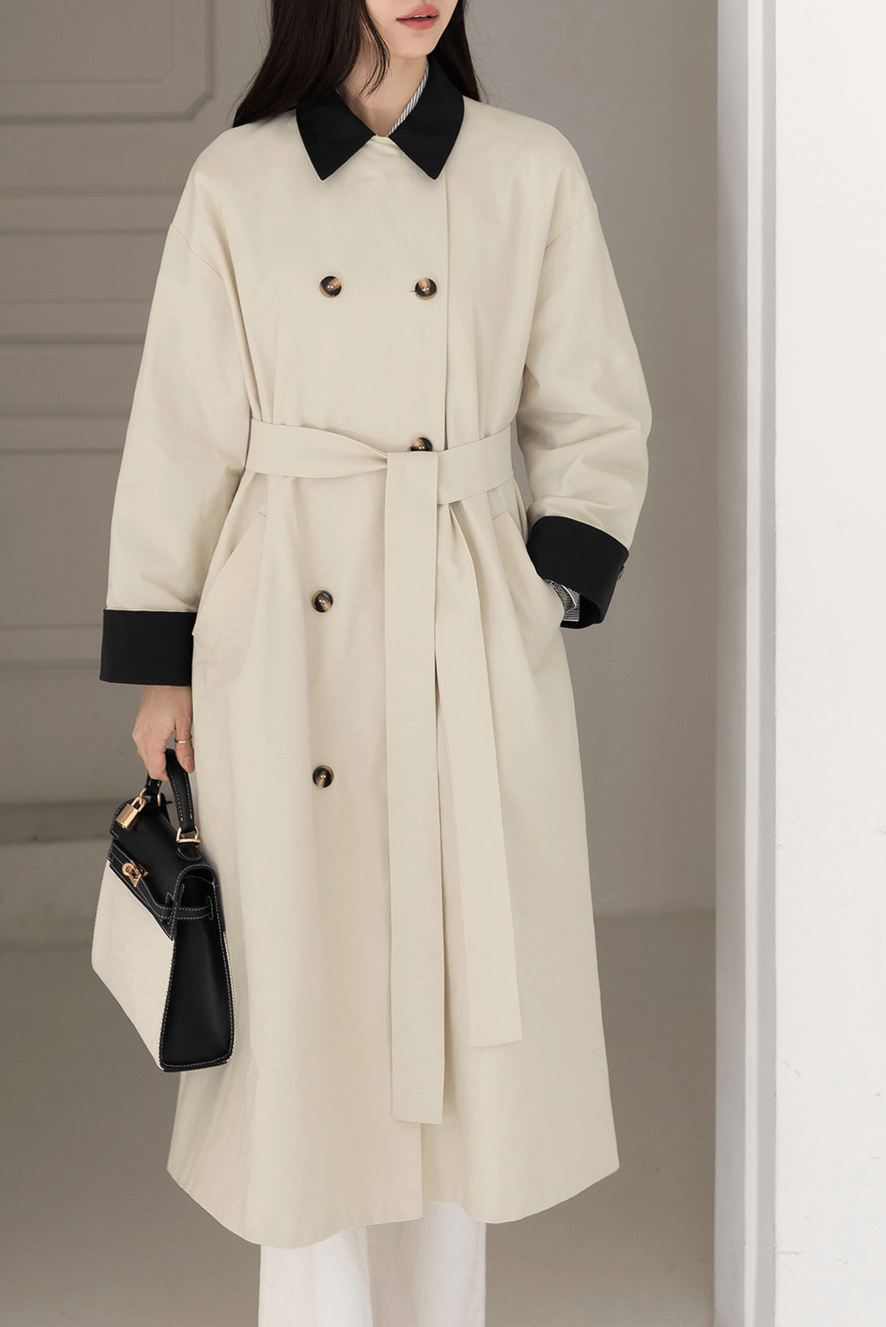 Chic Contrast Collar Double-Breasted Coat