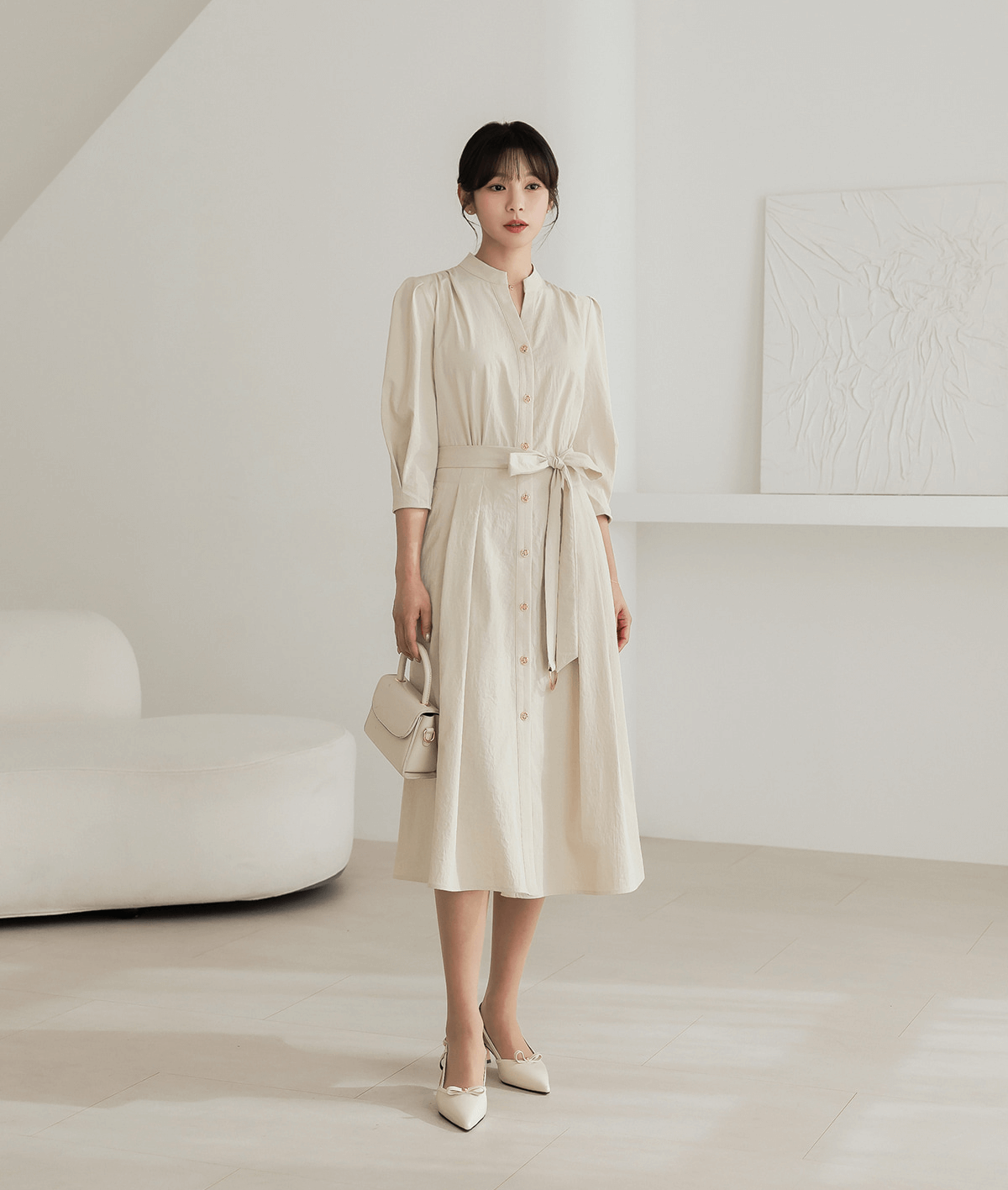 Elegant Puff-Sleeve Shirt Dress with Belt