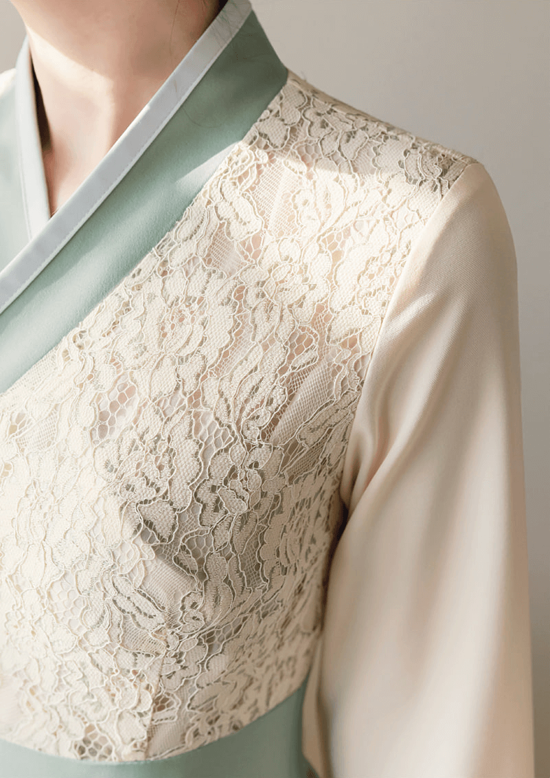 Floral Lace Wrap Modern Hanbok Dress in Green and Blue