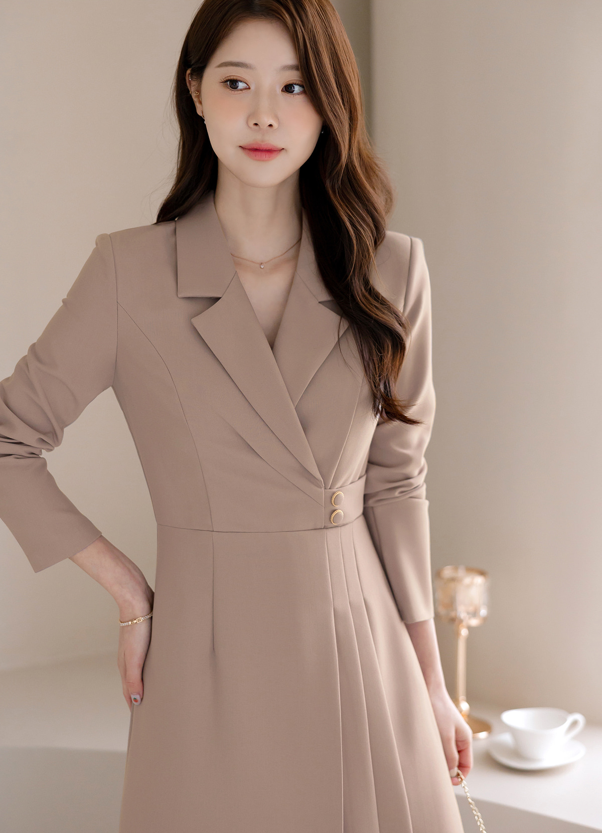 Half Pleated Midi Dress with Waist Button Detail – Elegant Korean Formal Dress for Special Occasions