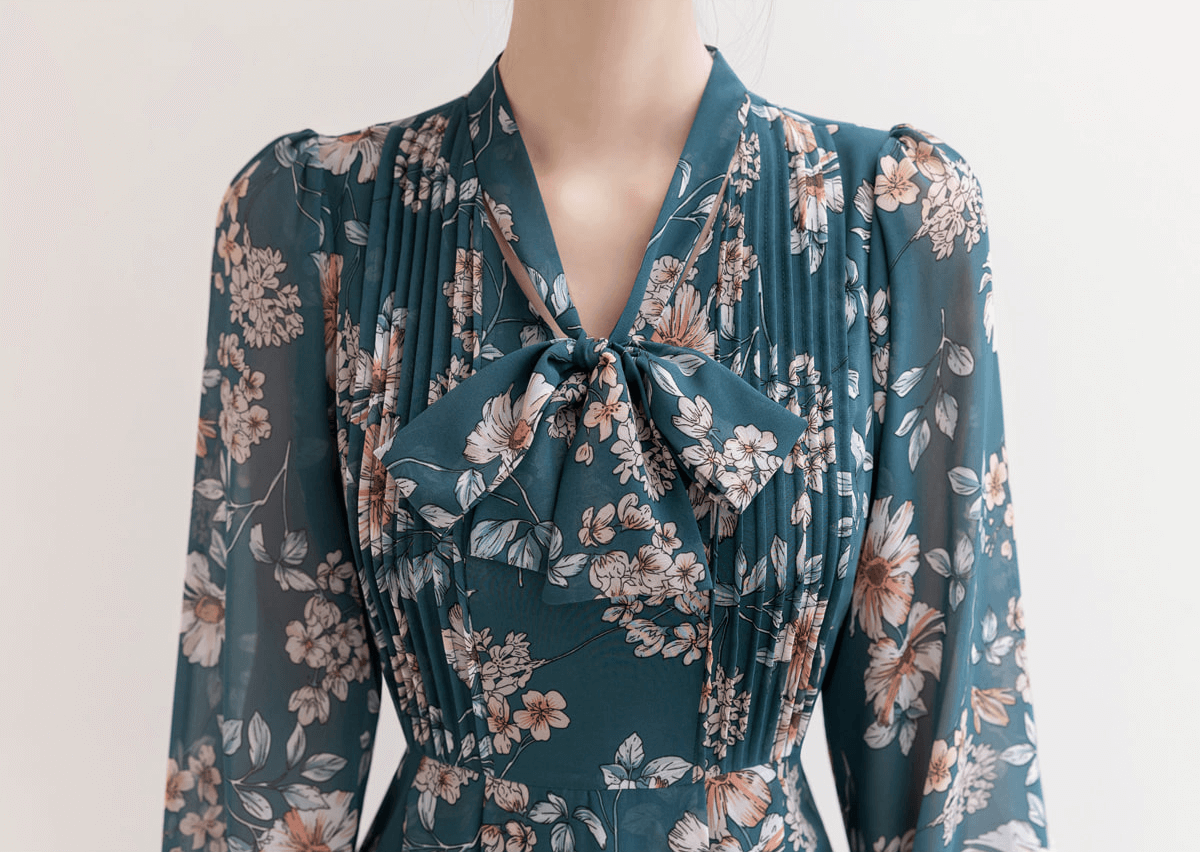 Floral chiffon dress with V-neck and convertible neck tie, featuring delicate floral patterns and feminine design.
