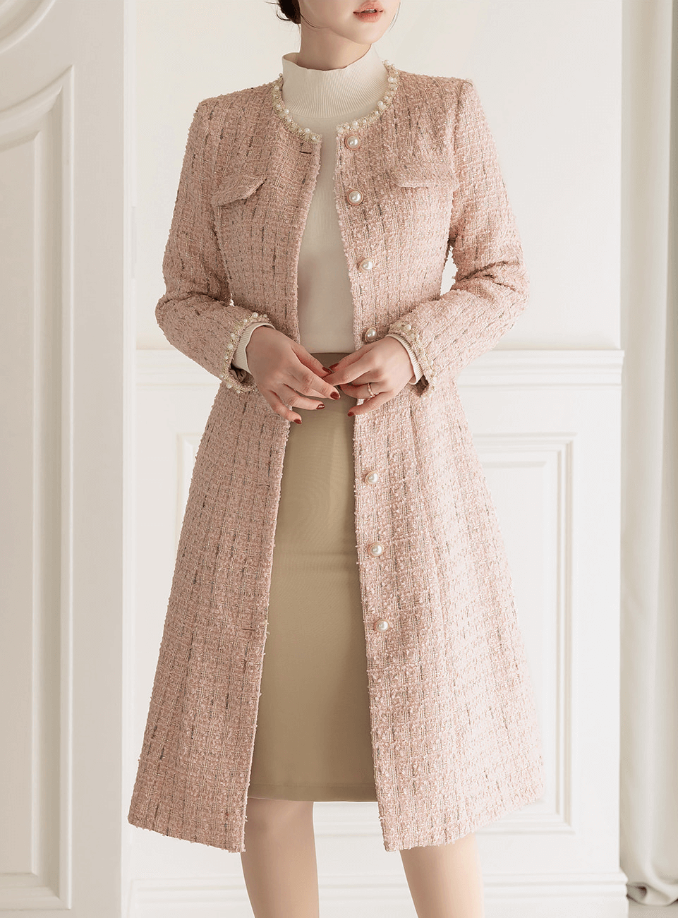 Elegant Long Tweed Jacket with Pearl Trimming