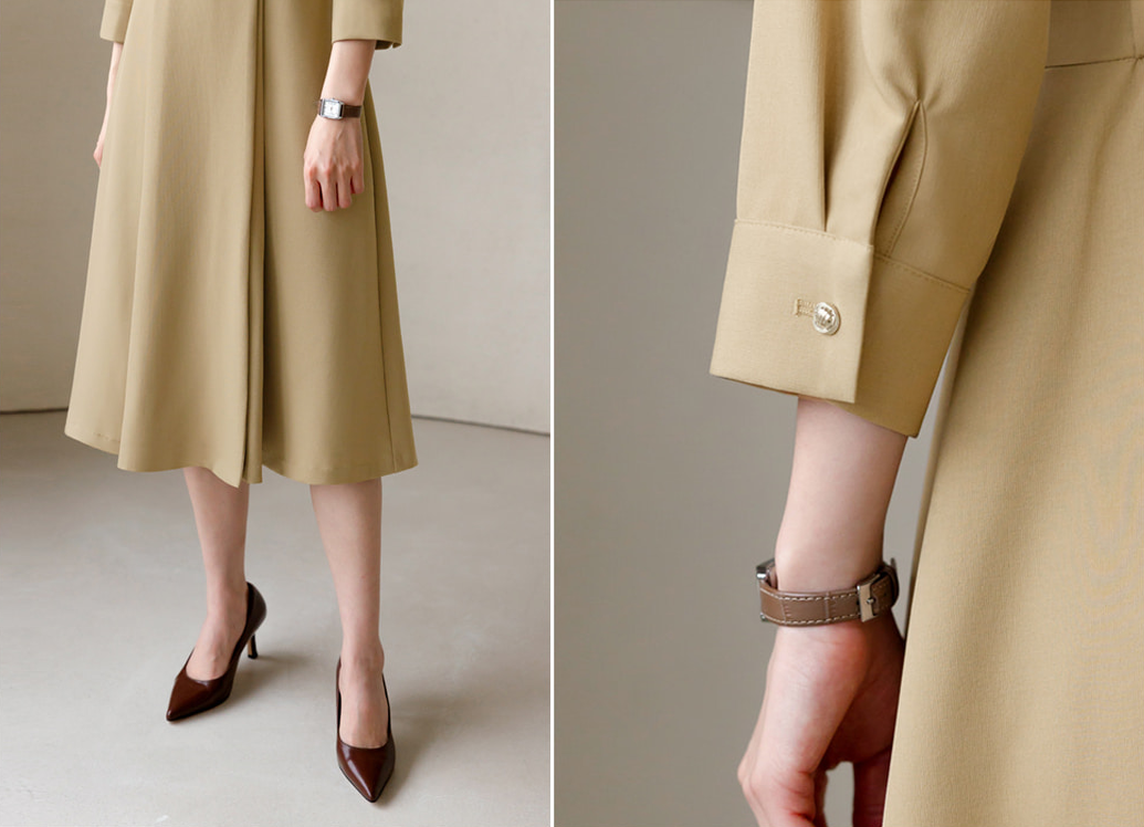 Flare Midi Dress with Collar Wrap Design and Side Mini Belt – Elegant Fit with Back Elastic Band