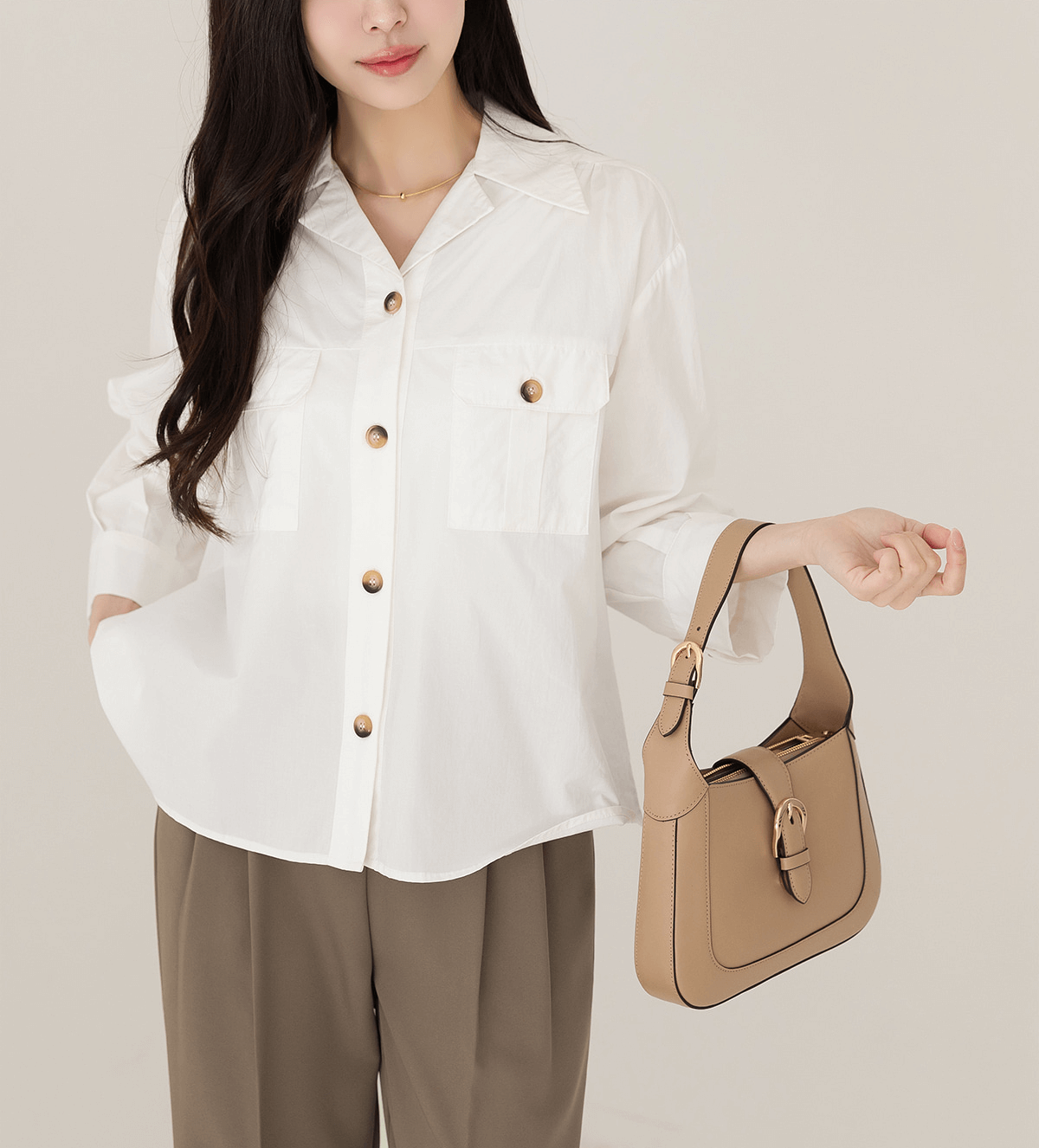 Effortlessly Chic Cotton Open-Collar Shirt with Double Pockets