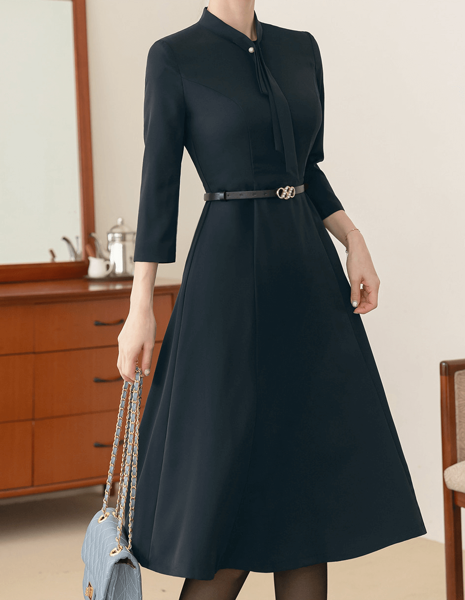 Elegant Tie-Neck Flare Dress with Belted Waist