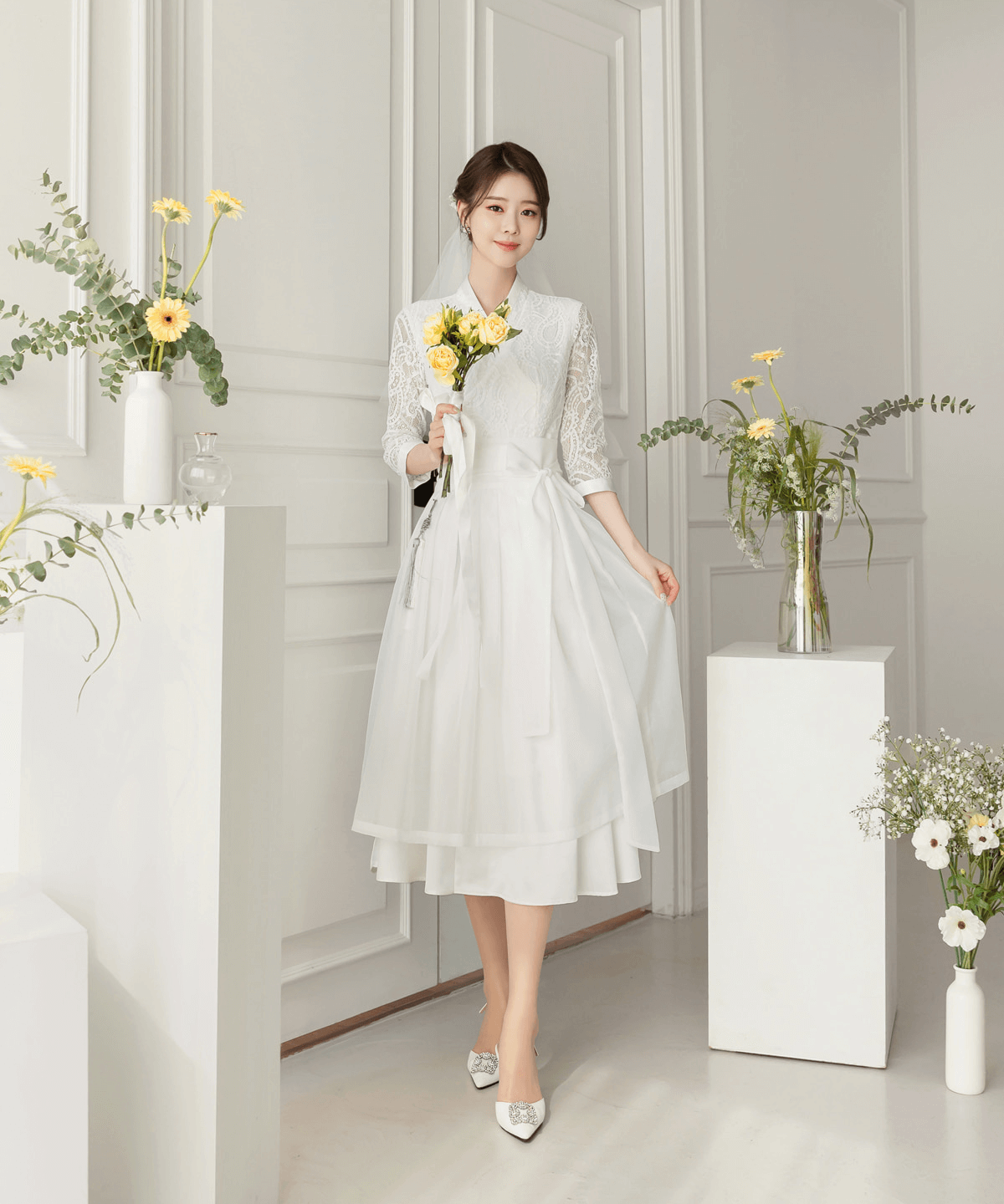 Lace Bodice and Sheer Sleeves Modern Hanbok Wrap Dress