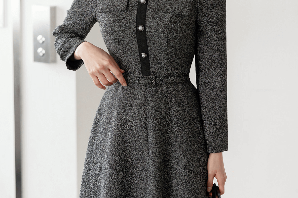 Classic Collar Elegant Tweed Dress with Belt