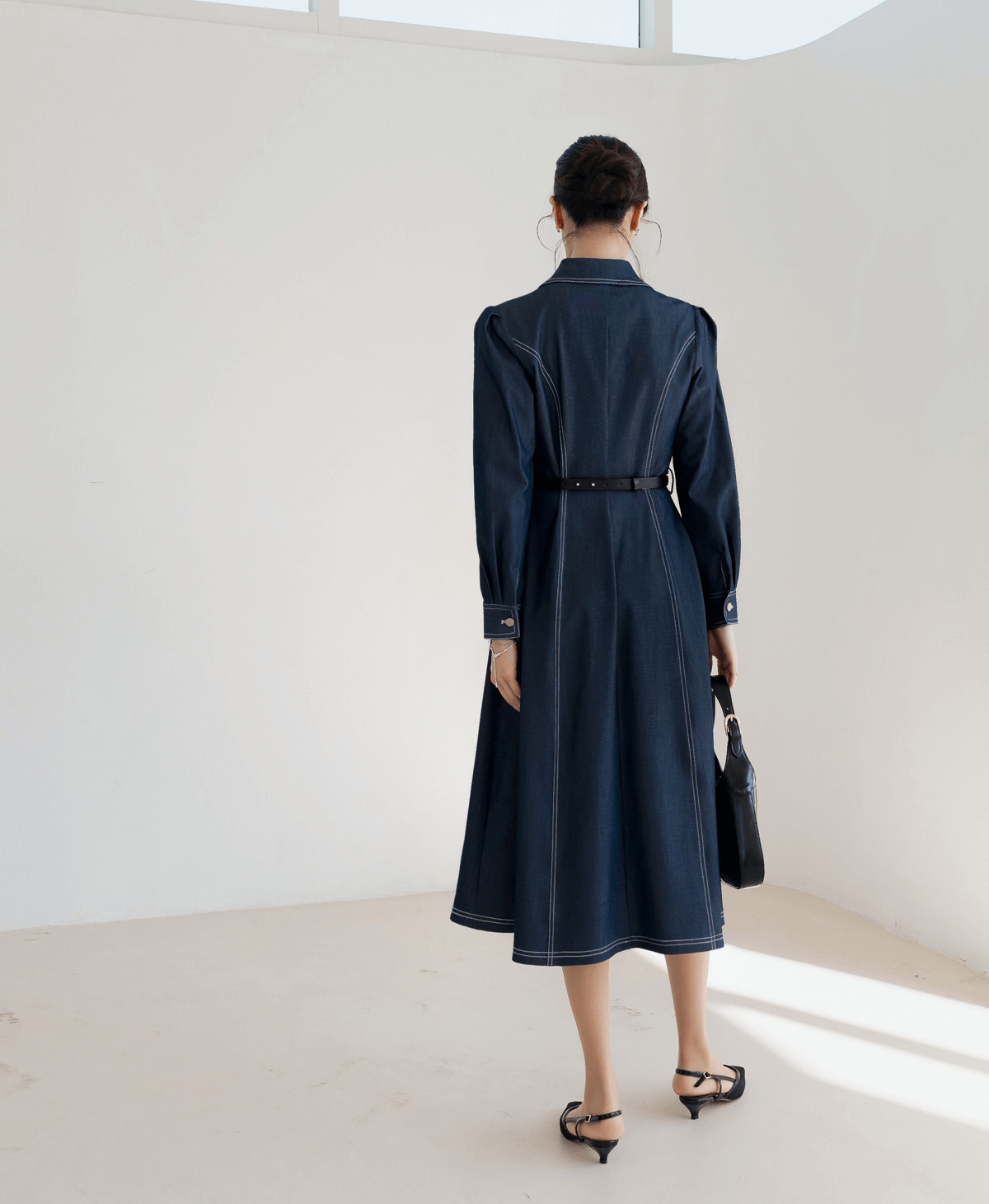 Chic Contrast-Stitch Denim Shirt Dress