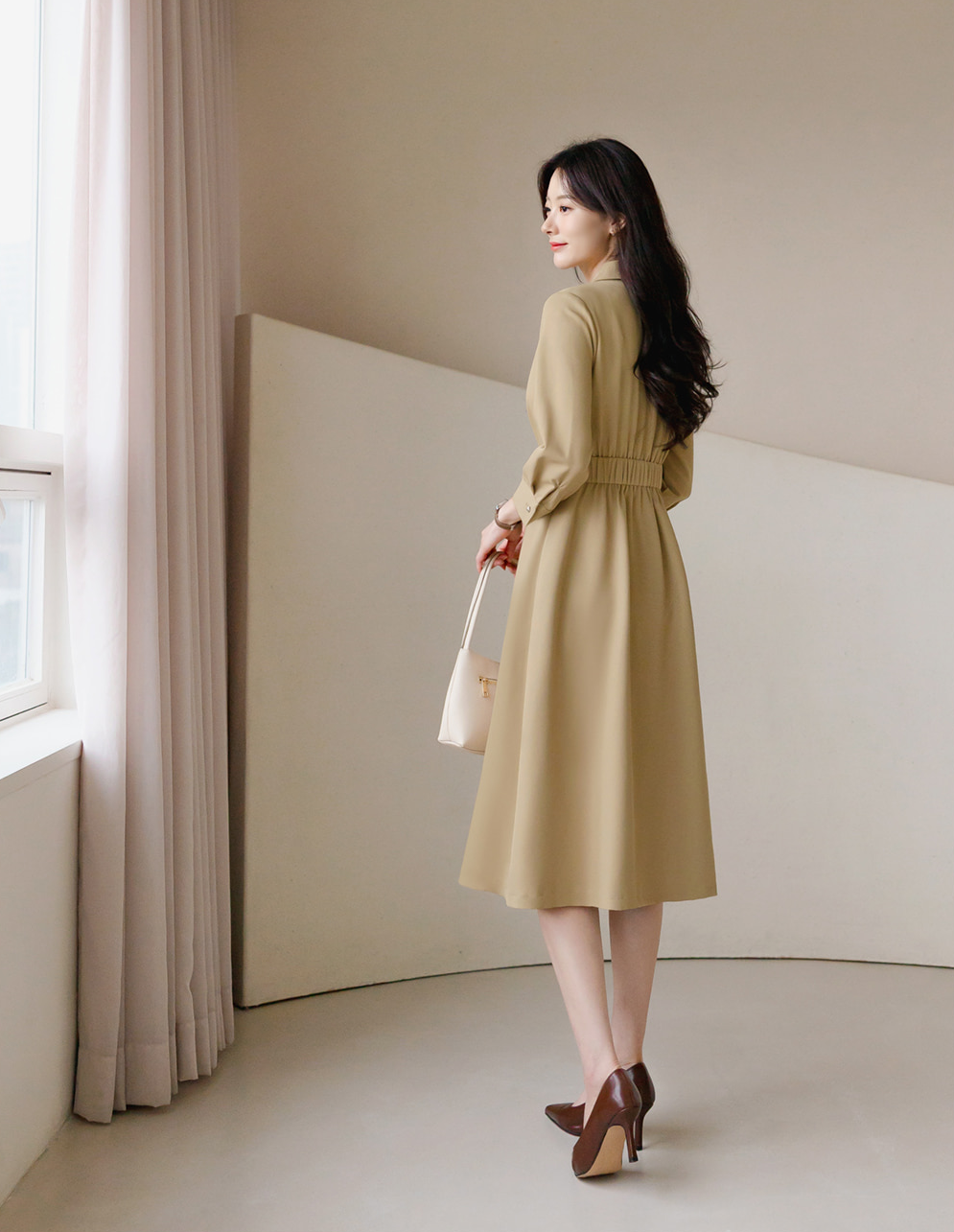 Flare Midi Dress with Collar Wrap Design and Side Mini Belt – Elegant Fit with Back Elastic Band