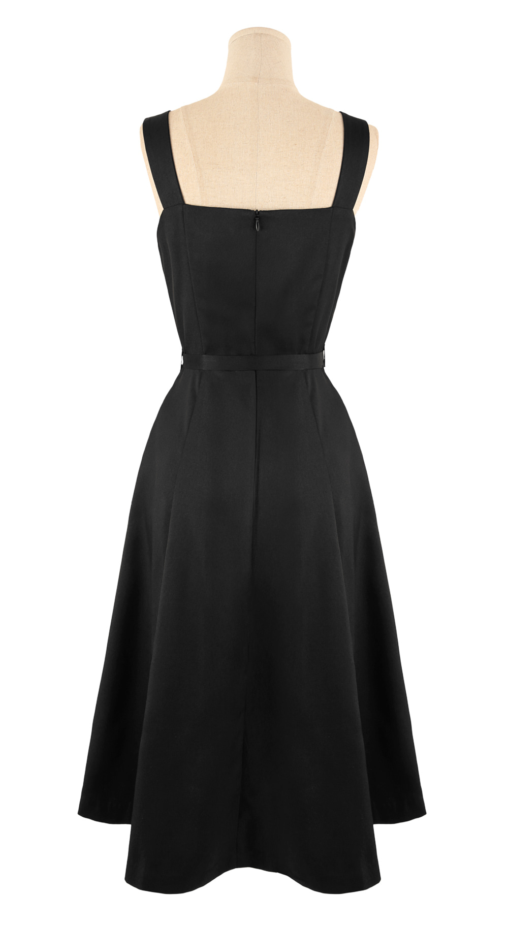 Modern Sleeveless Black Dress with Waist Belt and Side Pockets