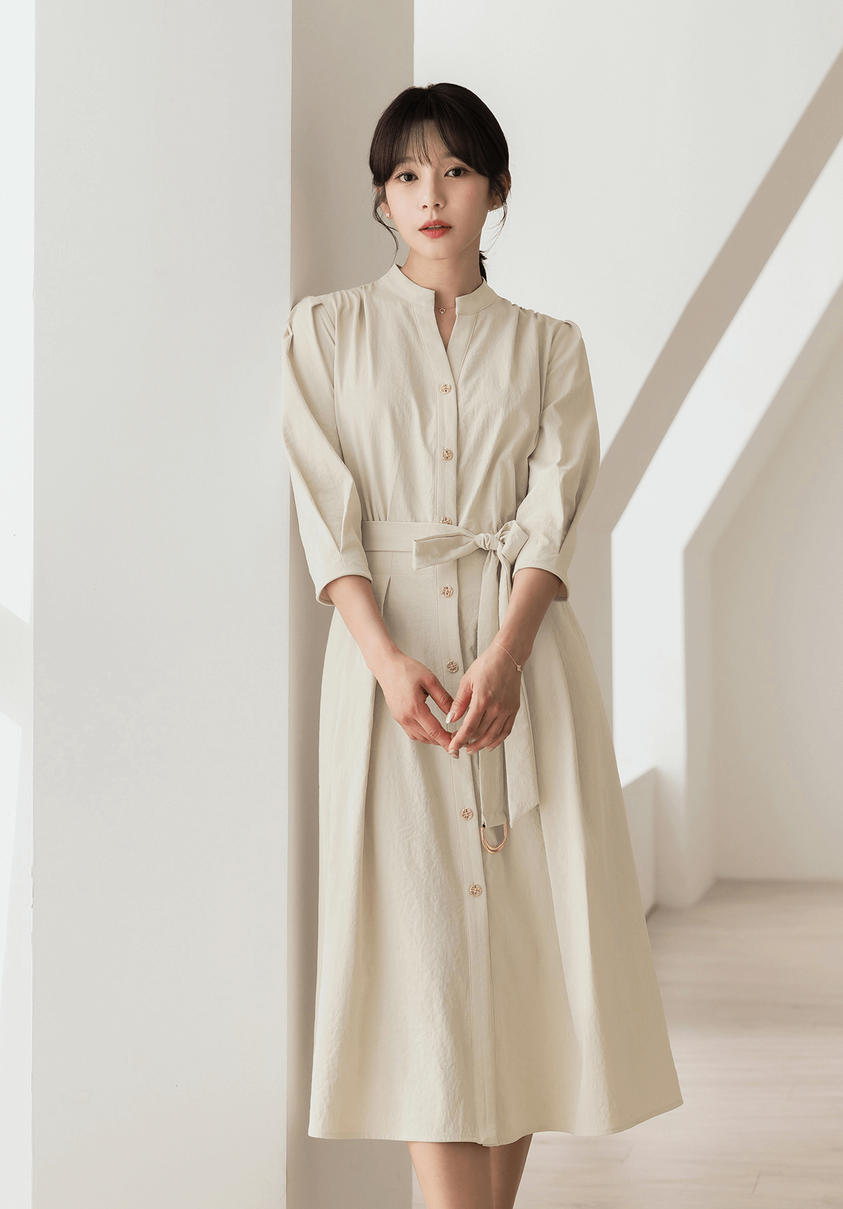 Elegant Puff-Sleeve Shirt Dress with Belt