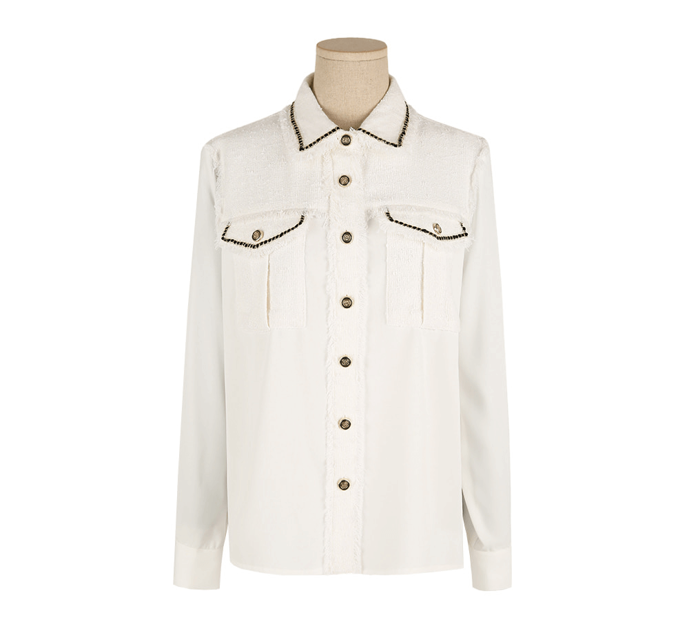 Chic Tweed Blouse with Unique Accents