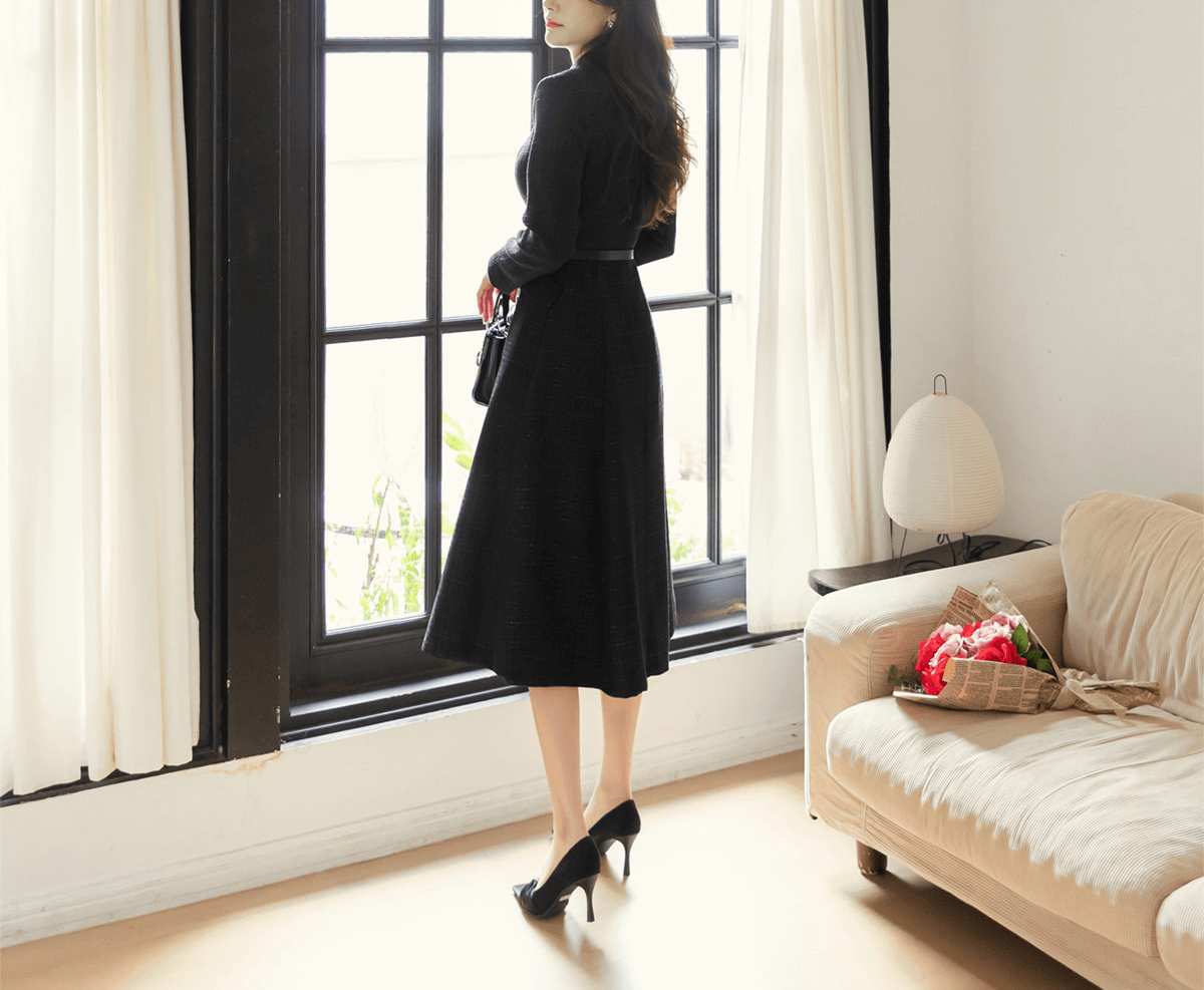Classic Elegance Shawl Collar Tweed Shirt Dress