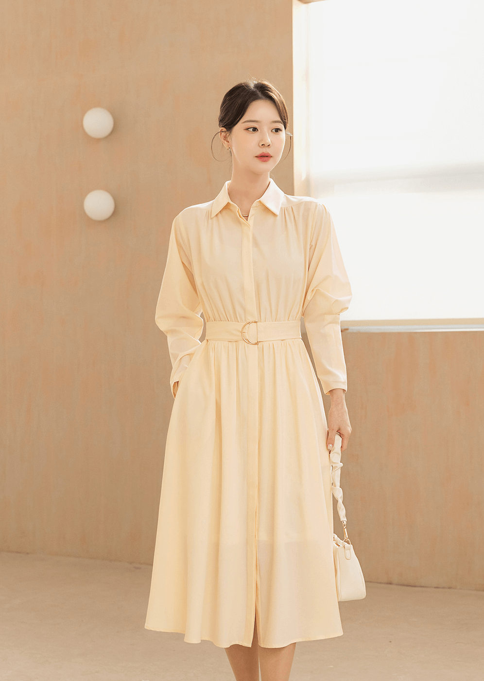 Elegant Shirt Collar Flare Dress with Belt