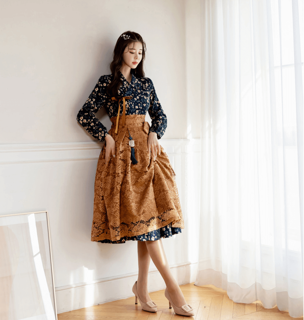 Brushed Fleece Modern Hanbok Wrap Dress with All-Over Small Floral Print