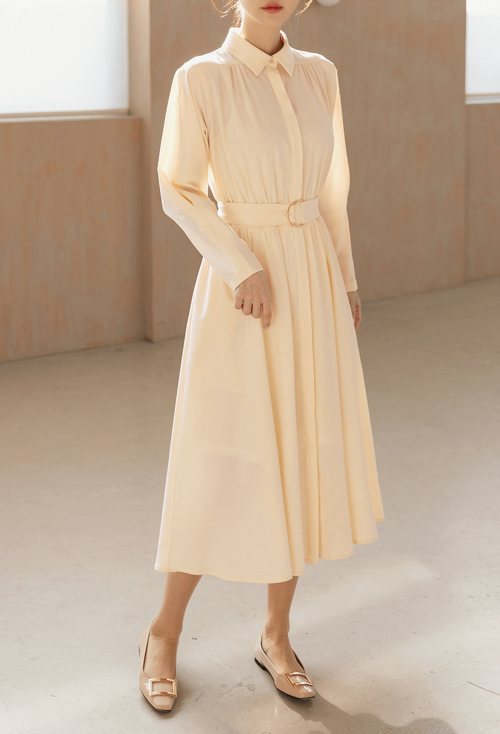 Elegant Shirt Collar Flare Dress with Belt