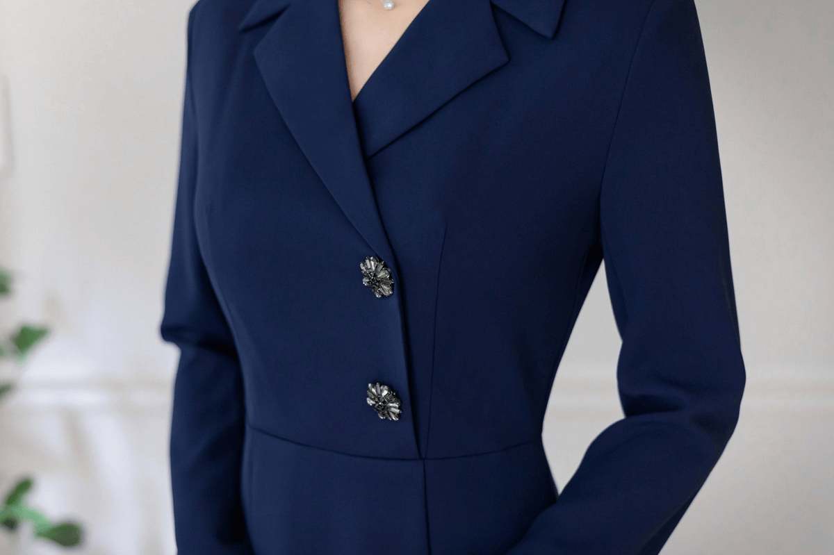 Elegant Jewel Button Flare Dress with Pintuck Detail