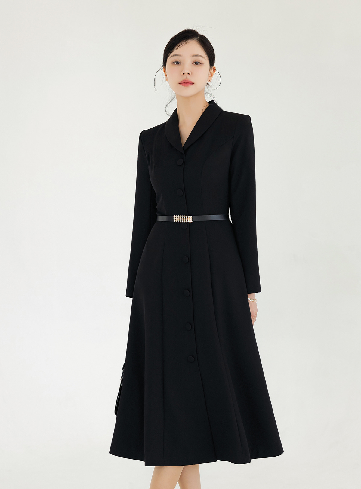 Shawl Collar Flare Midi Dress with Waist Belt – Elegant Dress for Special Occasions