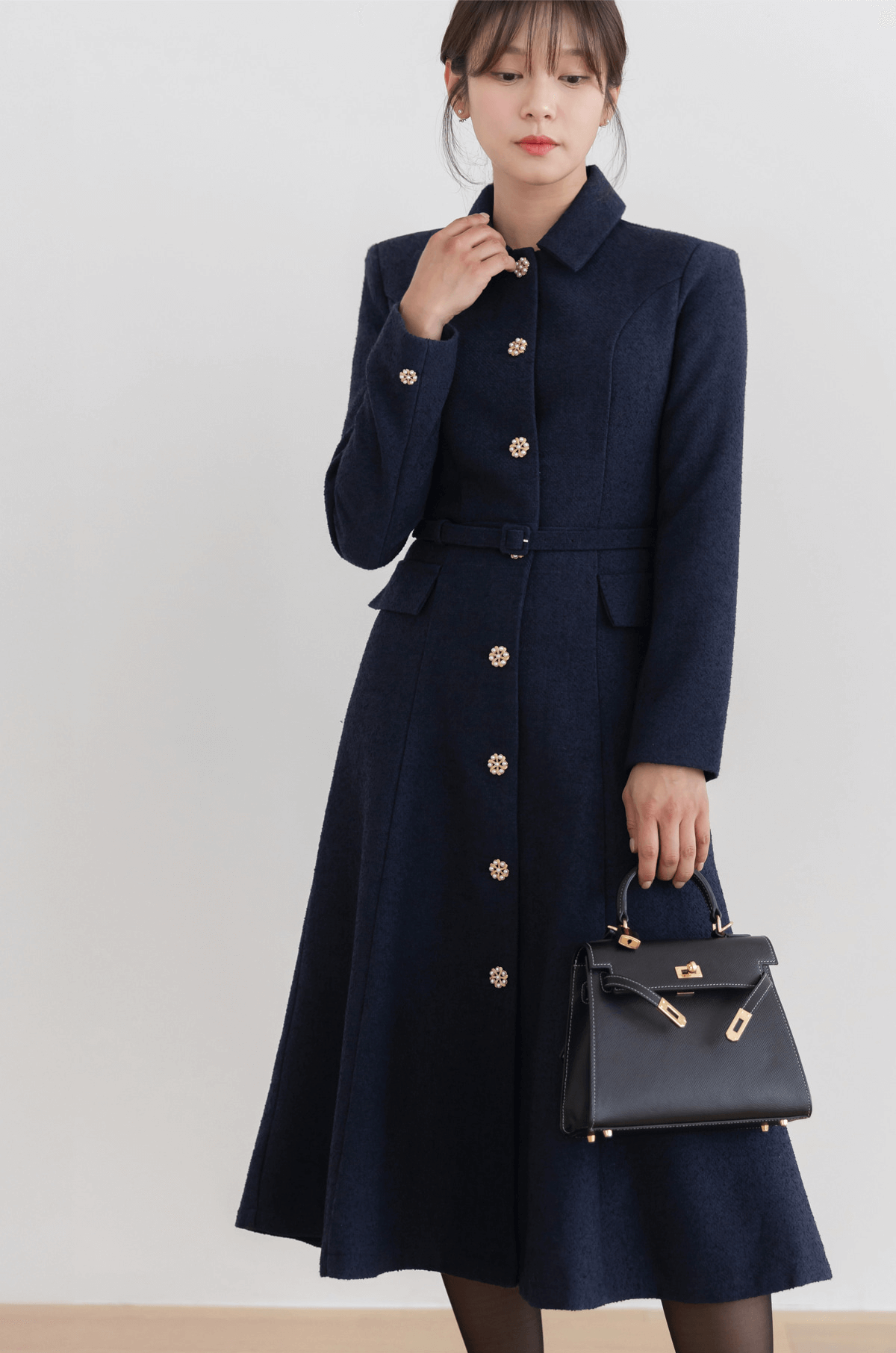 Elegant Collared Tweed Flare Dress with Belt