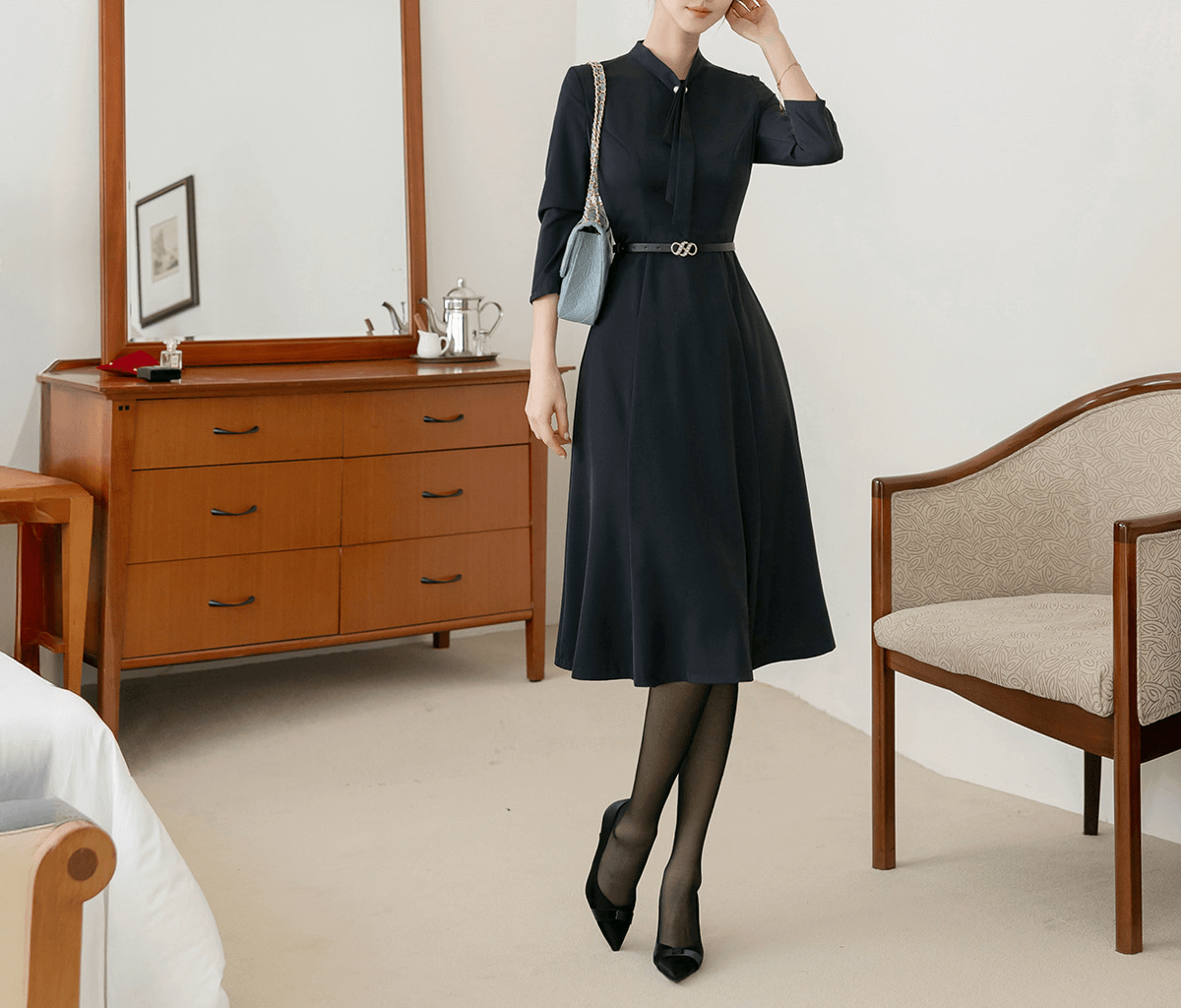 Elegant Tie-Neck Flare Dress with Belted Waist