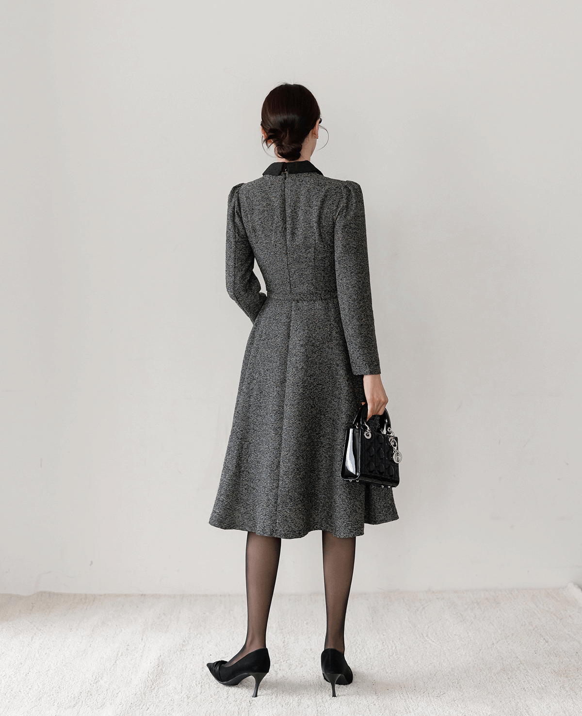 Classic Collar Elegant Tweed Dress with Belt