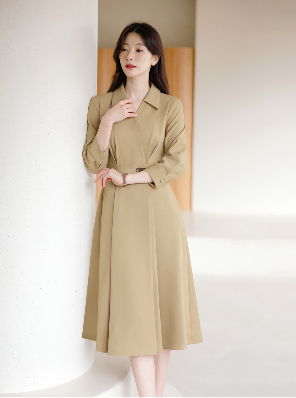 Flare Midi Dress with Collar Wrap Design and Side Mini Belt – Elegant Fit with Back Elastic Band