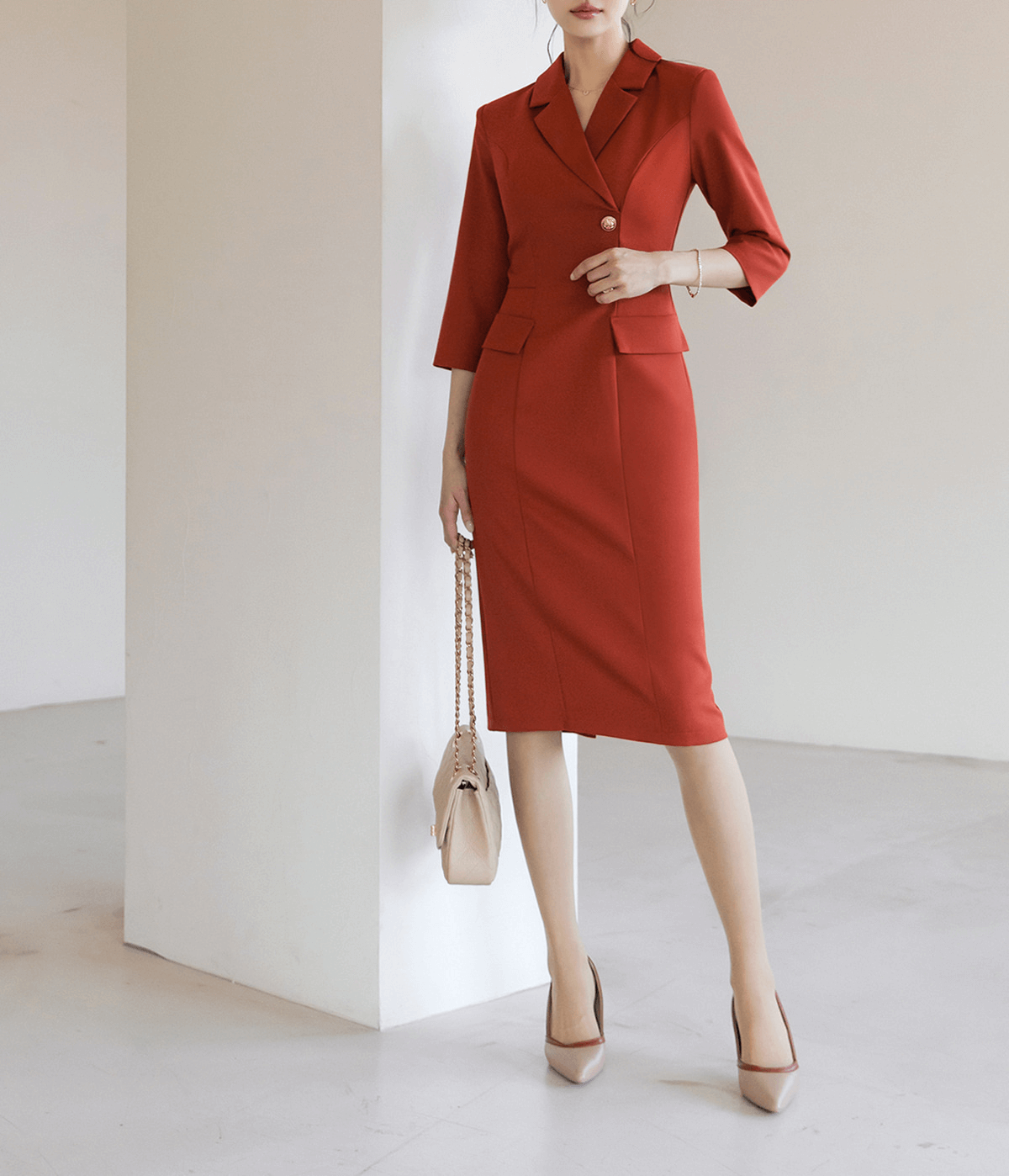 Elegant High-Waist Dress with Gold Button Accents