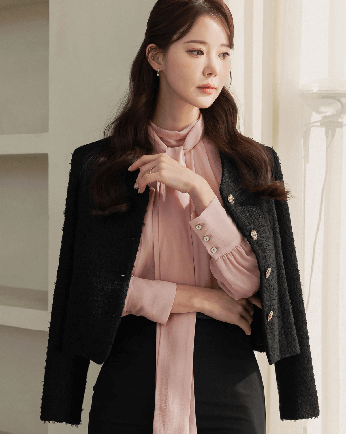 Sheer Elegance Tie-Neck Pintuck Blouse