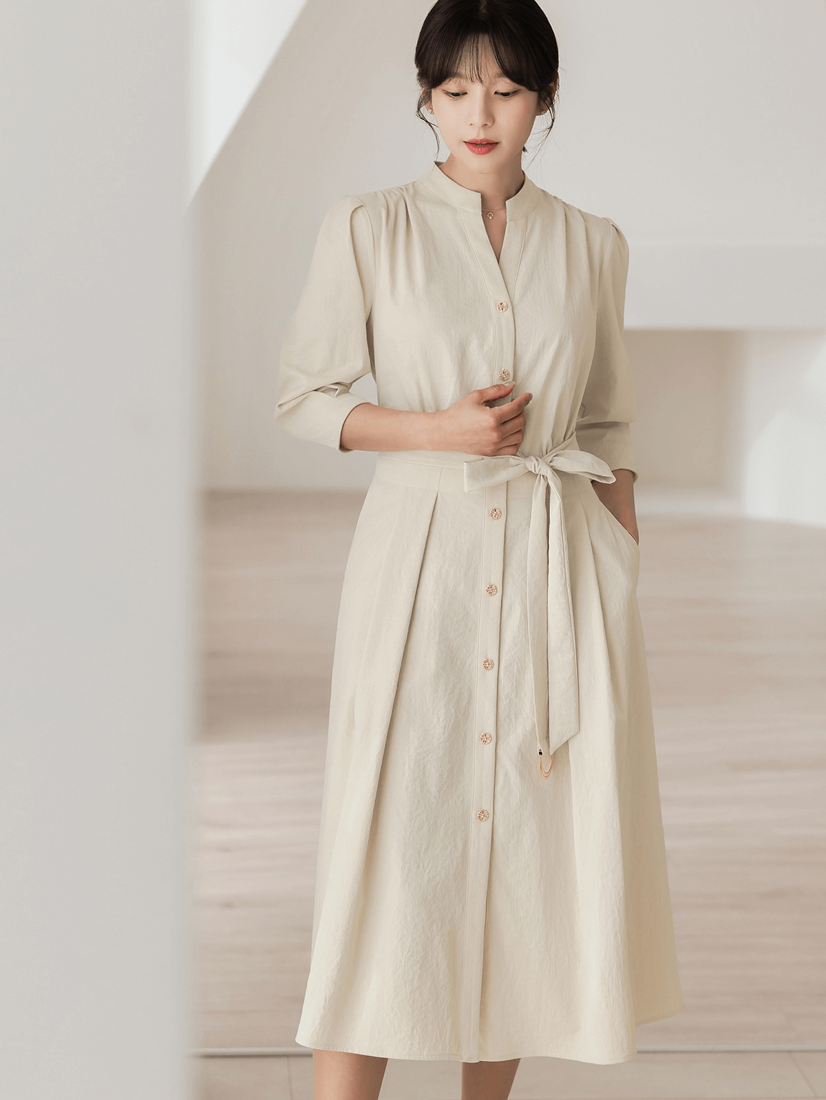 Elegant Puff-Sleeve Shirt Dress with Belt