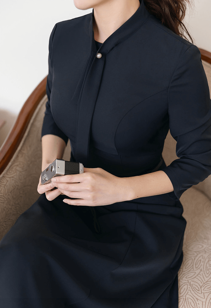 Elegant Tie-Neck Flare Dress with Belted Waist