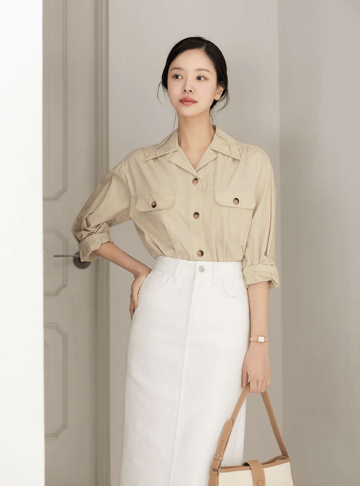 Effortlessly Chic Cotton Open-Collar Shirt with Double Pockets