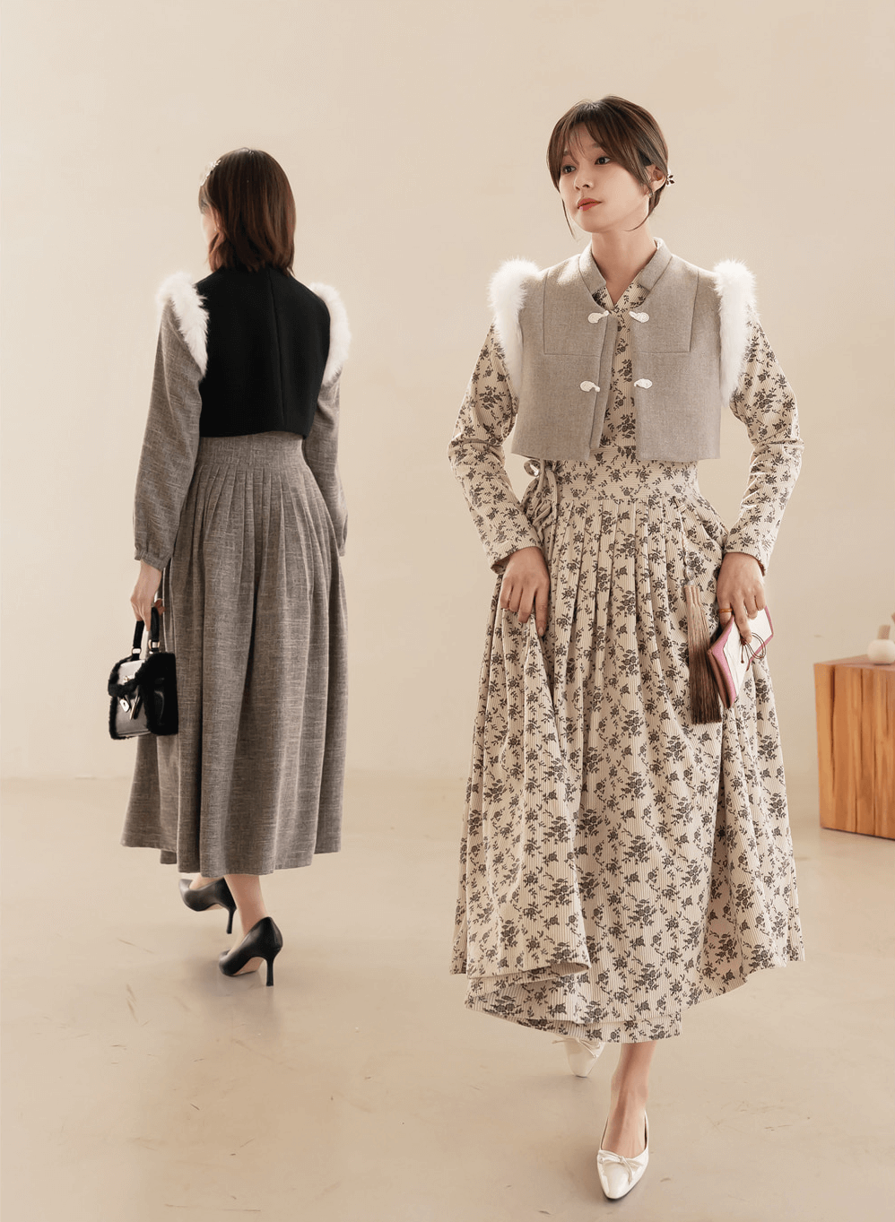 BEJA, Hanbok Warm Vest with Fur Trim and Lotus Knot Detail