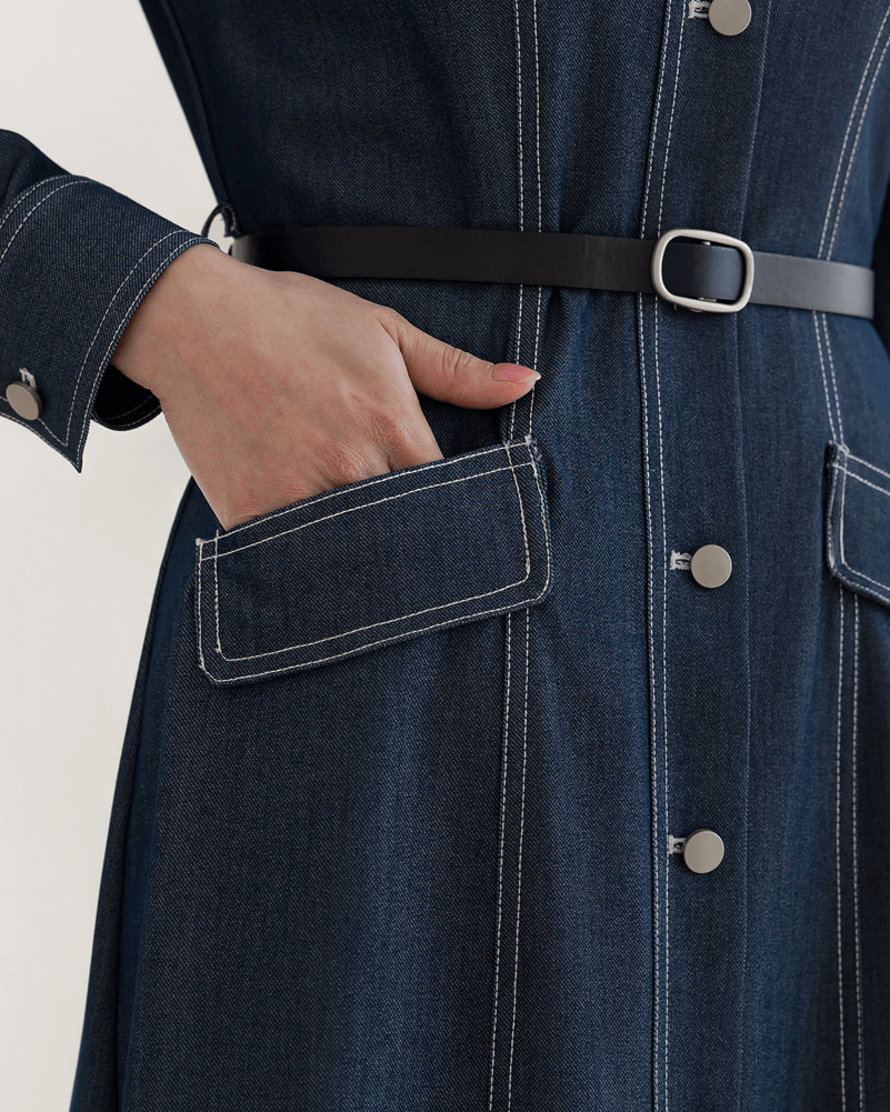 Chic Contrast-Stitch Denim Shirt Dress