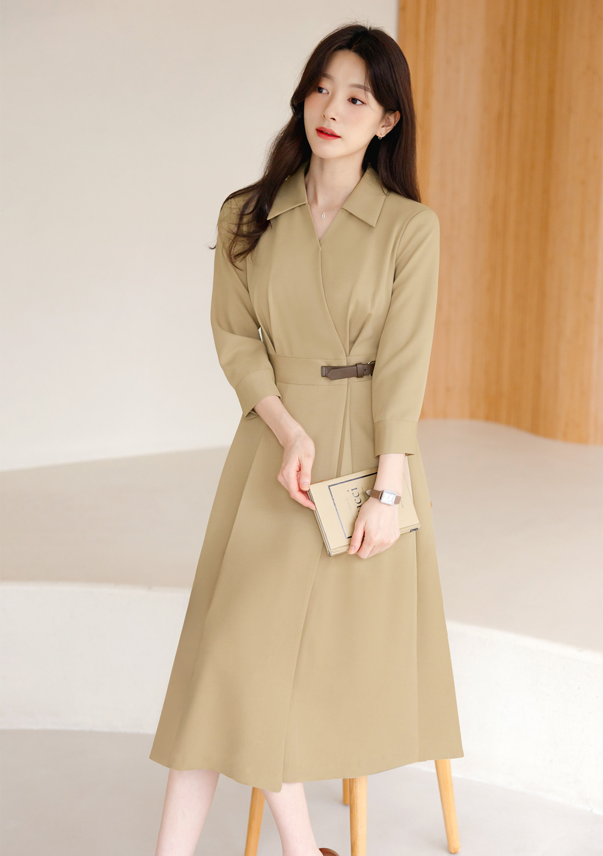 Flare Midi Dress with Collar Wrap Design and Side Mini Belt – Elegant Fit with Back Elastic Band