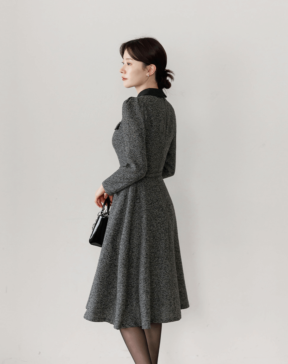 Classic Collar Elegant Tweed Dress with Belt