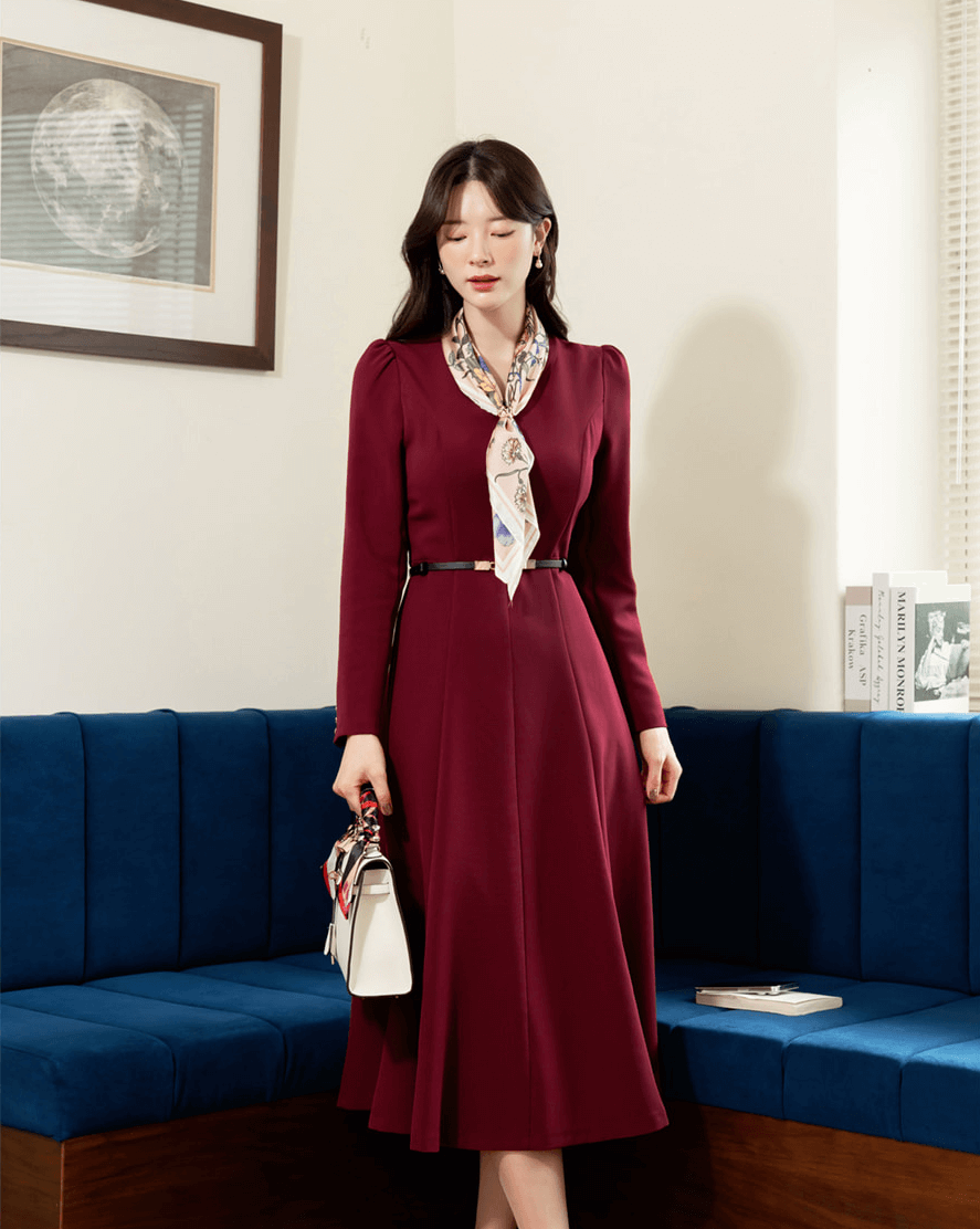 Timeless Elegance V-Neck Belted Flare Dress