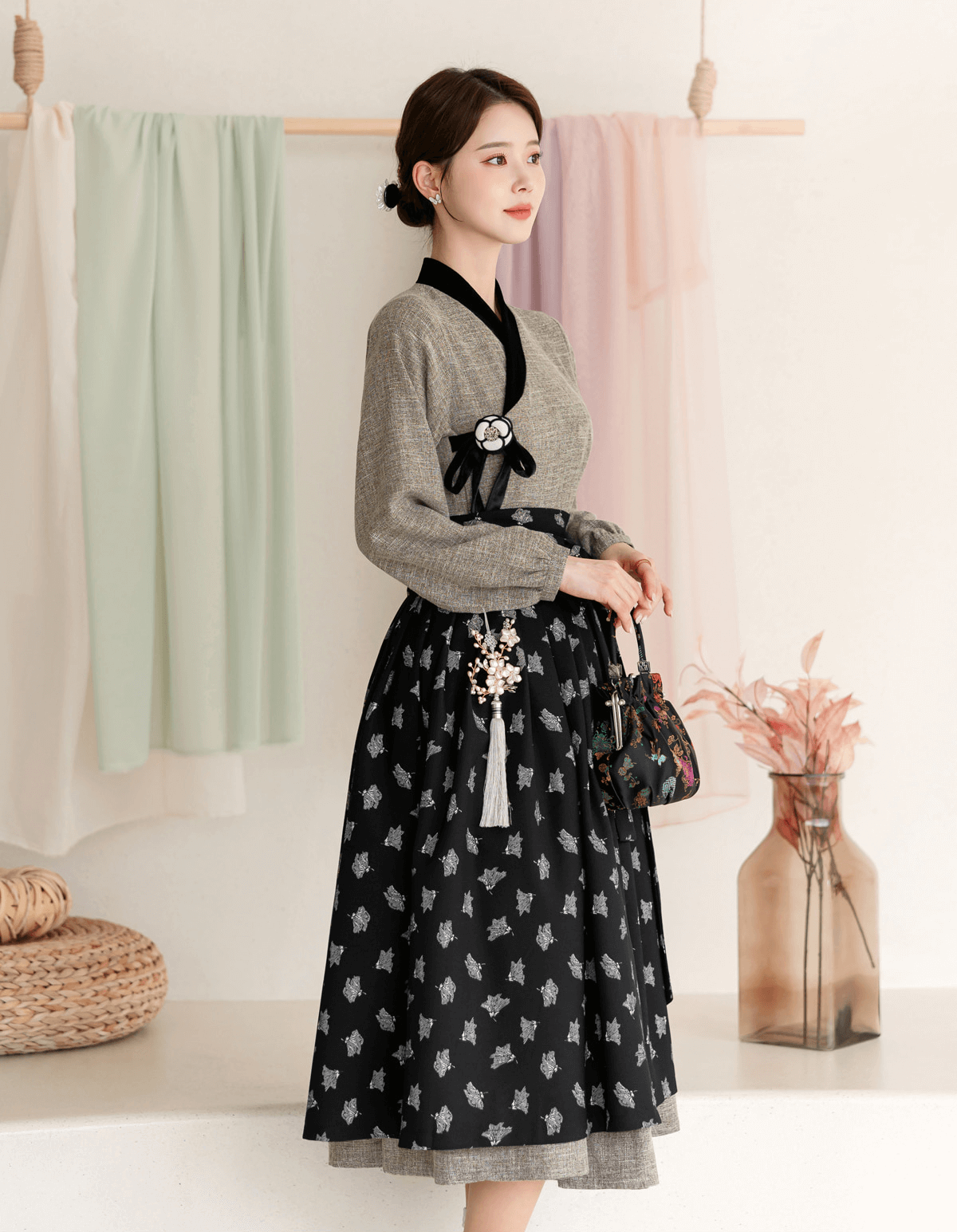 Patterned Black Modern Hanbok Wrap Skirt