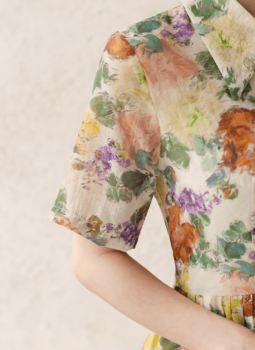 Romantic floral dress with pintuck details and collar neckline, featuring a soft flare silhouette and delicate floral print.