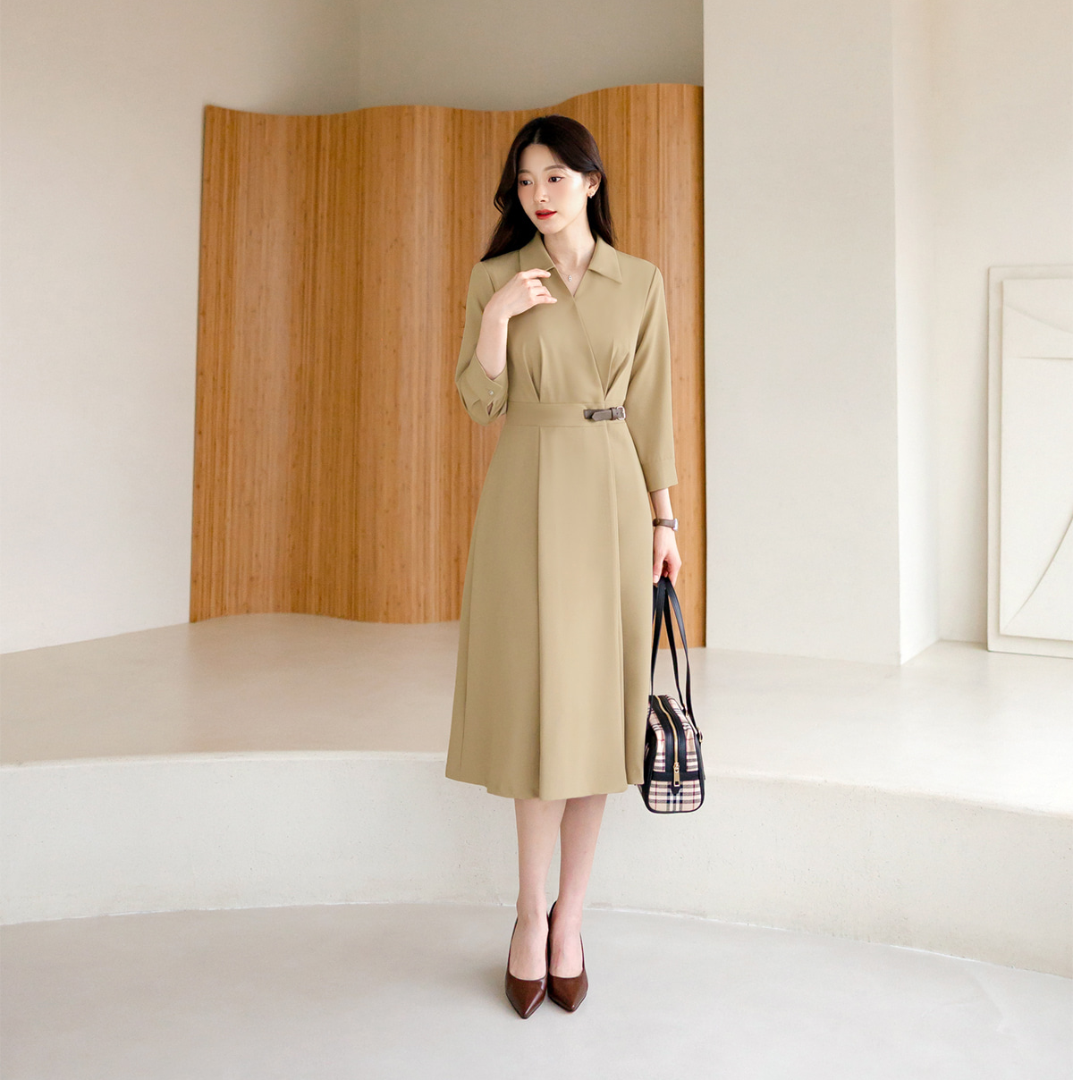 Flare Midi Dress with Collar Wrap Design and Side Mini Belt – Elegant Fit with Back Elastic Band