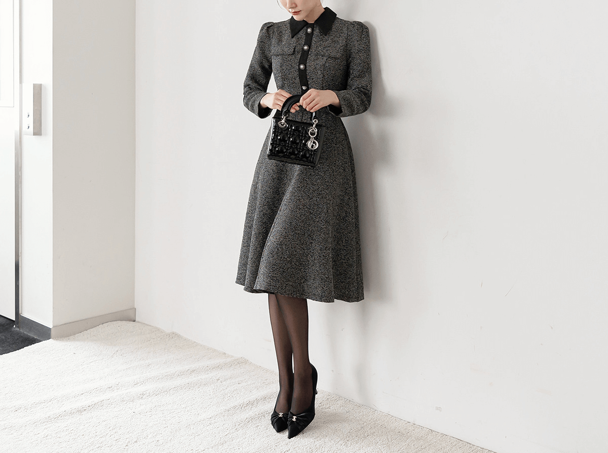 Classic Collar Elegant Tweed Dress with Belt