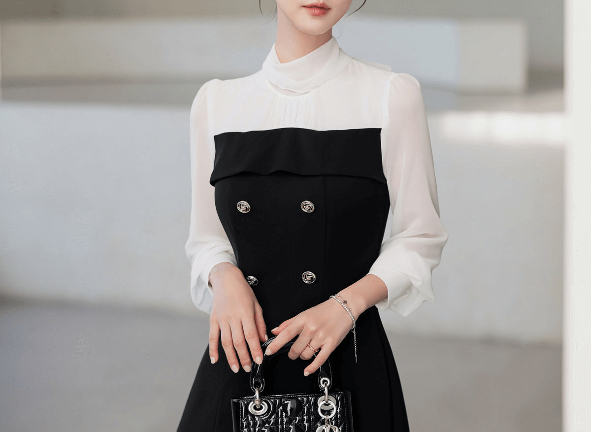 Elegant Layered Look with a Feminine Touch Chiffon Tie-Neck Flare Dress