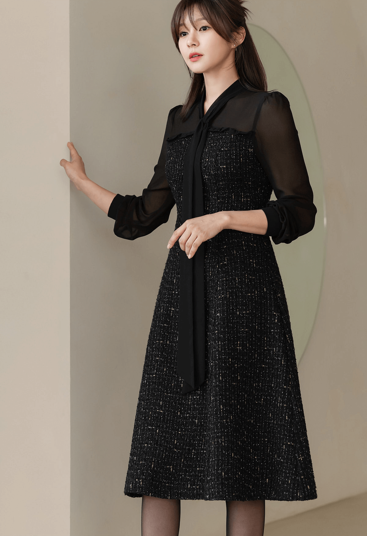 Elegant Tweed Dress with Sheer Tie-Neck Overlay